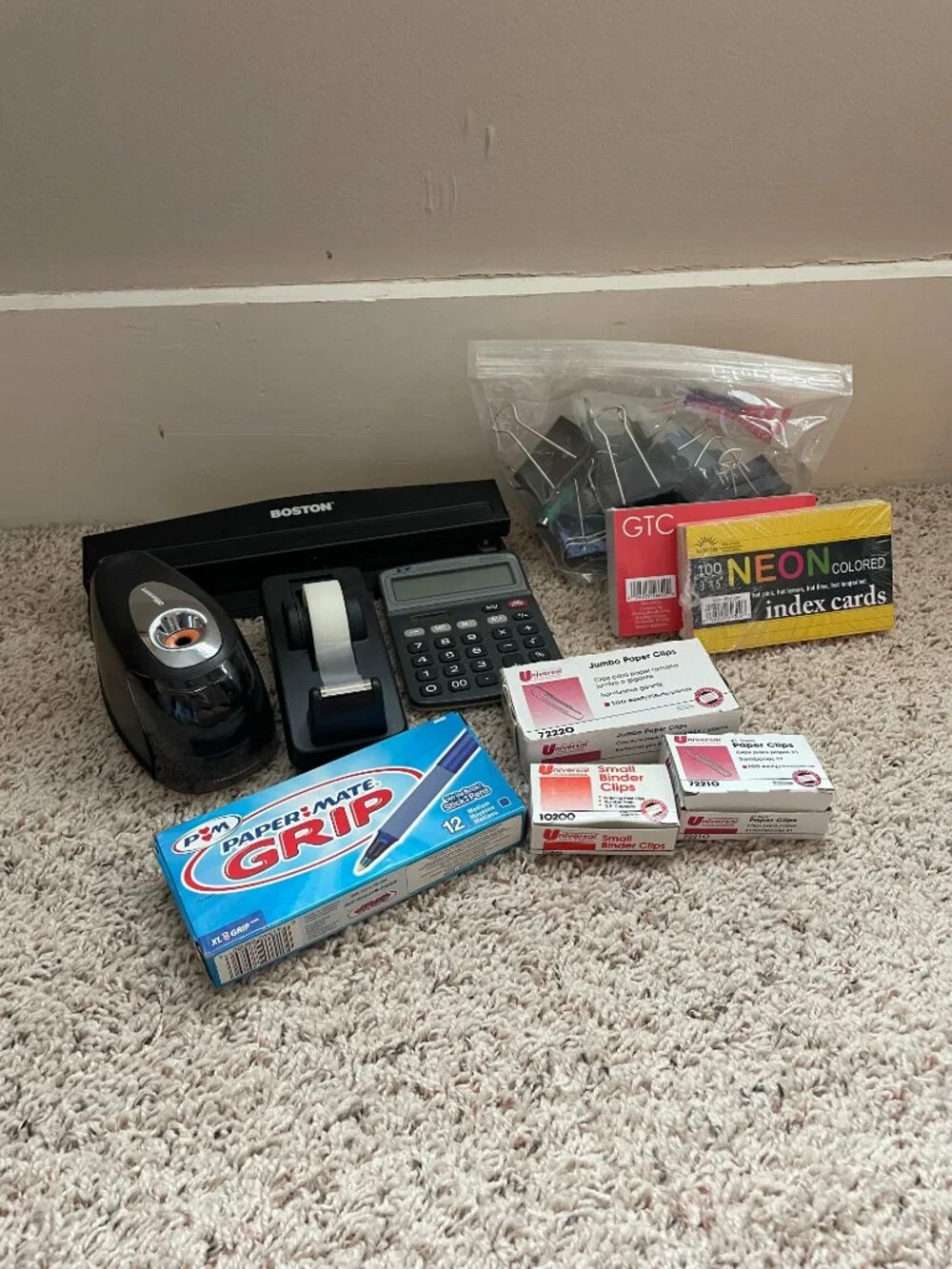 Office Bundle: Pencil Sharpener, Tape Dispenser, Calculator, 3-Hole Punch, Clips